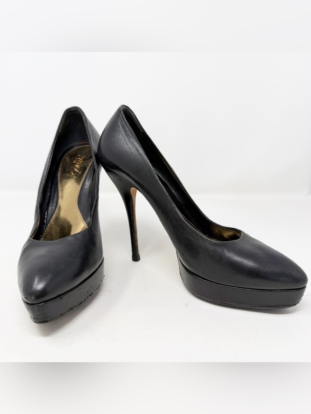 Vintage Gucci Black Leather Platform Pumps Pointed Toe Stiletto Heels Size 39